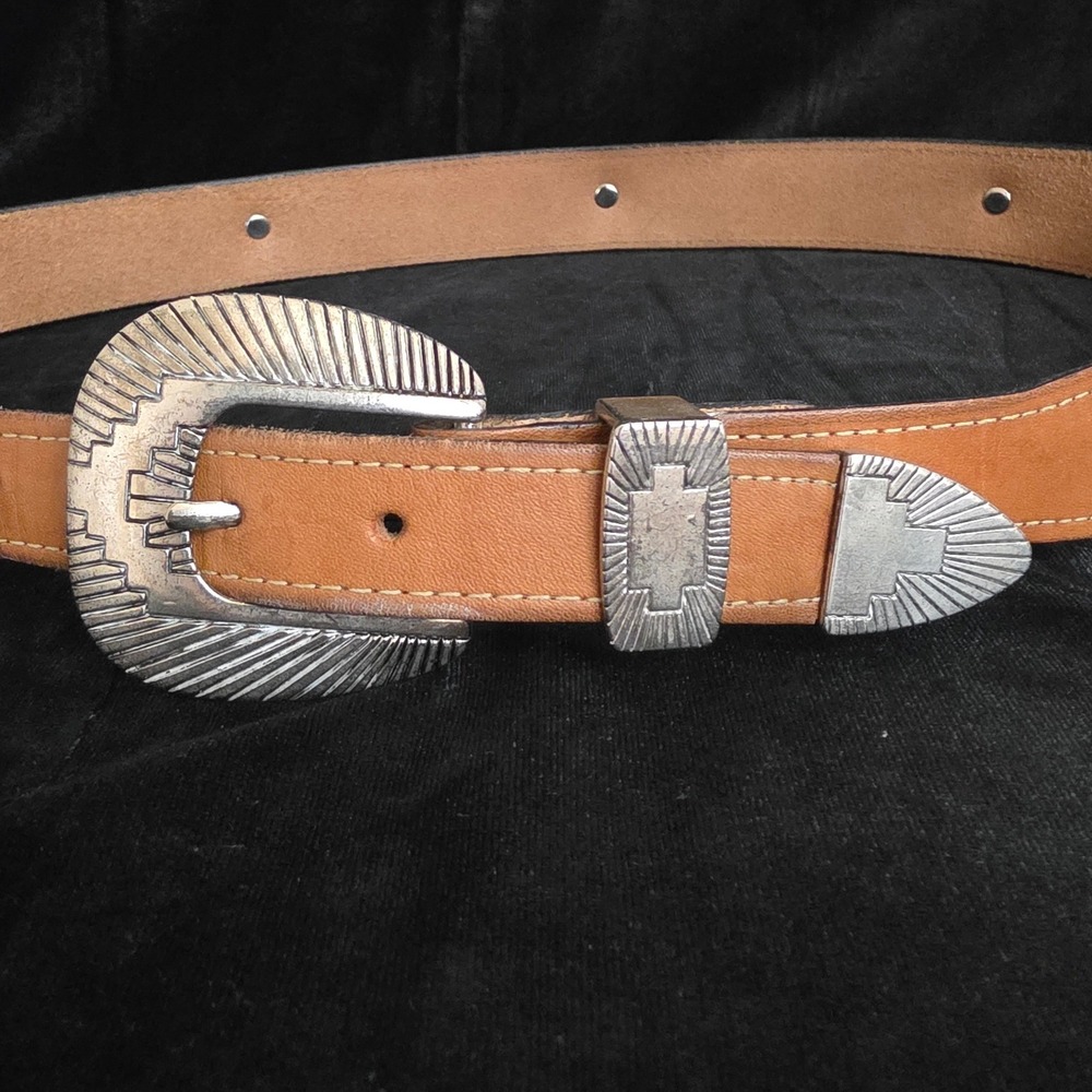 VTG Cowboy Legends Collection Tan Leather Western Concho Belt Aztec Buckle 36